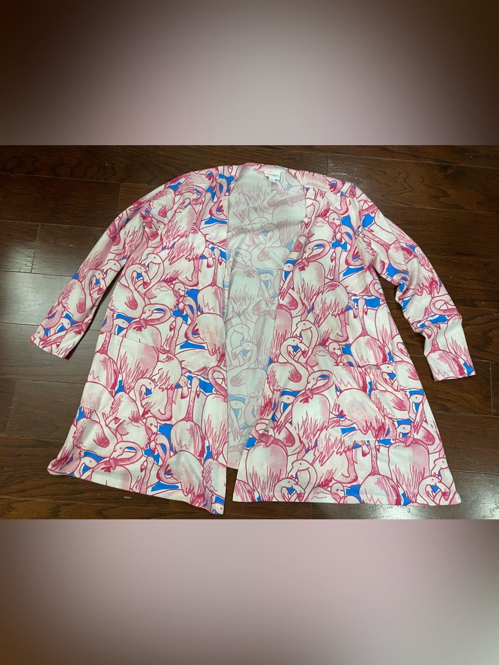 LuLaRoe Duster Caroline Cardigan Size Large Pink Flamingo Blue Long Sleeve